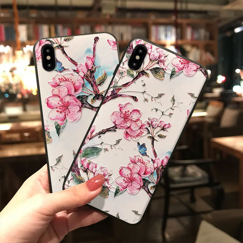 IPhone 7 Case 3D Relief Painted Flower Cute Thin Slim Luxury TPU Silicone Soft Case Phone Case for X XS 6 6S 7 8 Plus 7plus Case