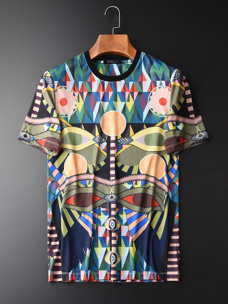 

Minglu Summer Men T-shirt Luxury Allover Printed Short Sleeve Mens T-shirts Plus Size 4xl Round Collar Slim Fit Man T-shirts