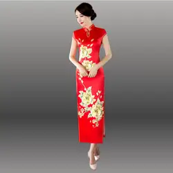 Вышивка Cheongsam китайское традиционное платье длинные шелковые Qipao Платья для женщин халат chinoise Vestido Oriental красные свадебные QI Pao