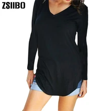 ZSIIBO, camiseta de Otoño Invierno para mujer, tallas grandes, Camiseta lisa con cuello en V, manga larga, dobladillo redondeado, Camiseta larga, Top Casual, Túnica femenina