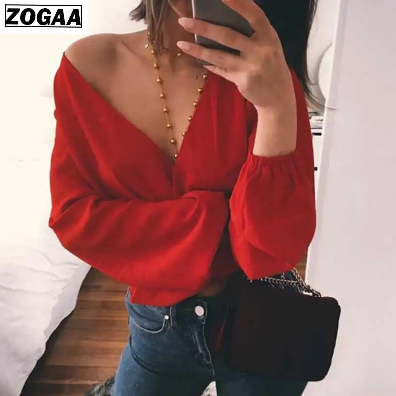 

ZOGAA Backless Sexy Deep V-collar Blouse New Spring Long Sleeves Pure Color Pollover Chiffon Shirt For Fashion Ladies In 2019