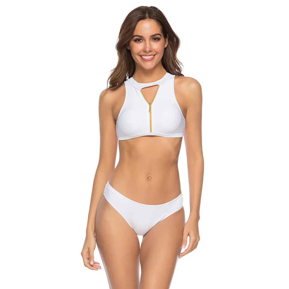 

Women Swimwear Solid Color Zipper Backless Bikini Briefs Swimsuits for Summer Beach FI-19ING