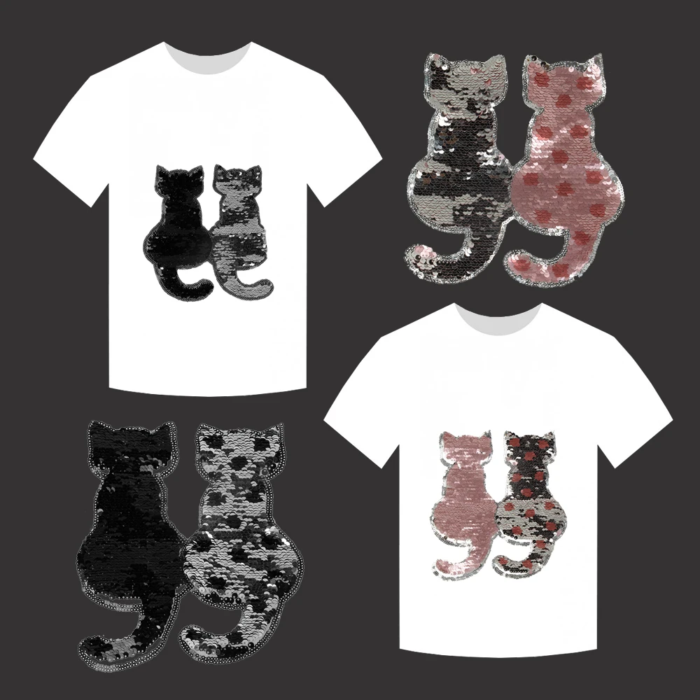 

1Pc NEW DIY Cute Cat Reversible Color Changing Sequins Sewing-on Embroidered Patch for Clothes Removable Applique Patch
