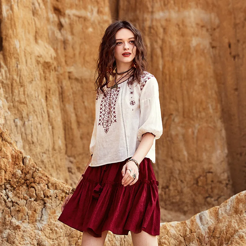 ARTKA 2018 الصيف جديد البوهيمي القطن و الكتان التطريز نصف فانوس كم خمر الإناث بسيطة كل مباراة قميص SA11381C