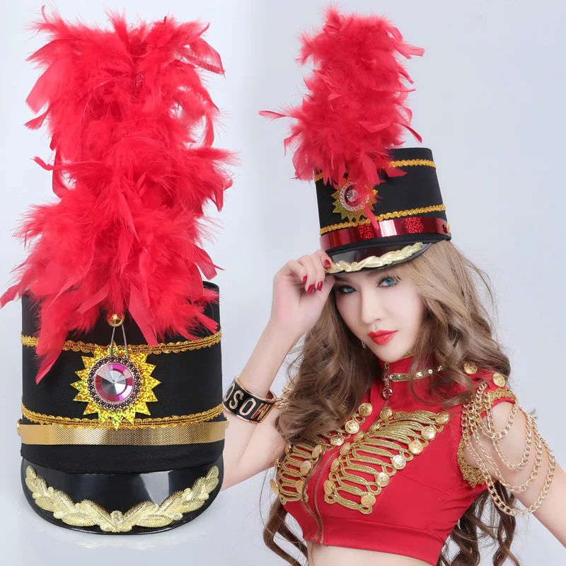 

New Honor Guard Jazz Dance Hat Band Drum No. Black Officer Hat Red Feather Hat