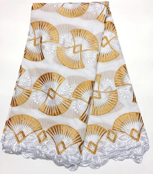 

Latest style Fan shape design white and gold African lace fabric embroidered Swiss voile lace fabric Fashion cotton lace fabric