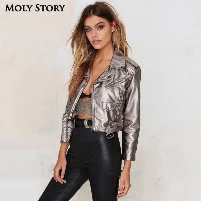 

Fashion Car Style Punk Rave Silver Leather Jackets Boyfriend Jacket Women Coats Manteau Femme Veste Femme Manche Longue