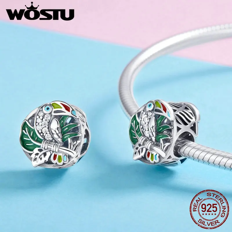 

WOSTU Authentic 100% 925 Sterling Silver Colorful CZ Lovely Toucan Bird Beads Charms Fit Original Bracelets DIY Jewelry BKC853