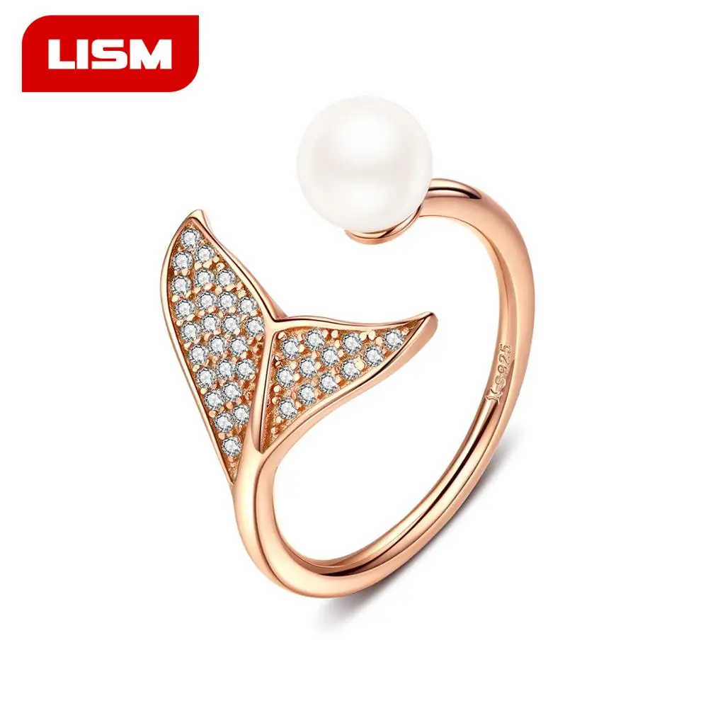 

S925 Sterling Silver Pearls Ocean Whale Fish Tail Animal Open Finger Ring Birthday Gift Christmas Party Jewelry