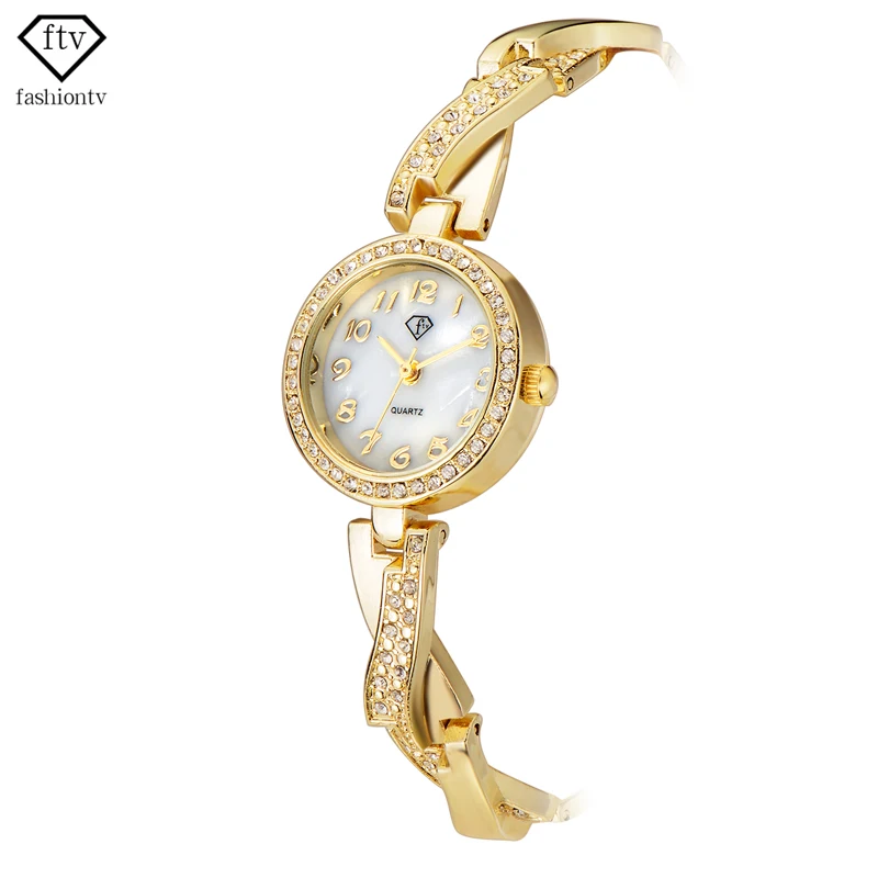 FTV Gold Bracelet Watch Women Rhinestone Watches Ladies New with Tags Female Wristwatch Fashion Elegant Relogio