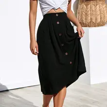 Yfashion Women Vintage Mid-Calf Single Breasted Pockets Skirt Loose Beach Casual Skirt single breasted split front calico print skirt