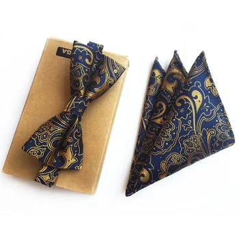 

2 Pcs Designer Paisley Bowtie Set Navy Blue Yellow Floral Butterfly with Pocket Square Sets for Men