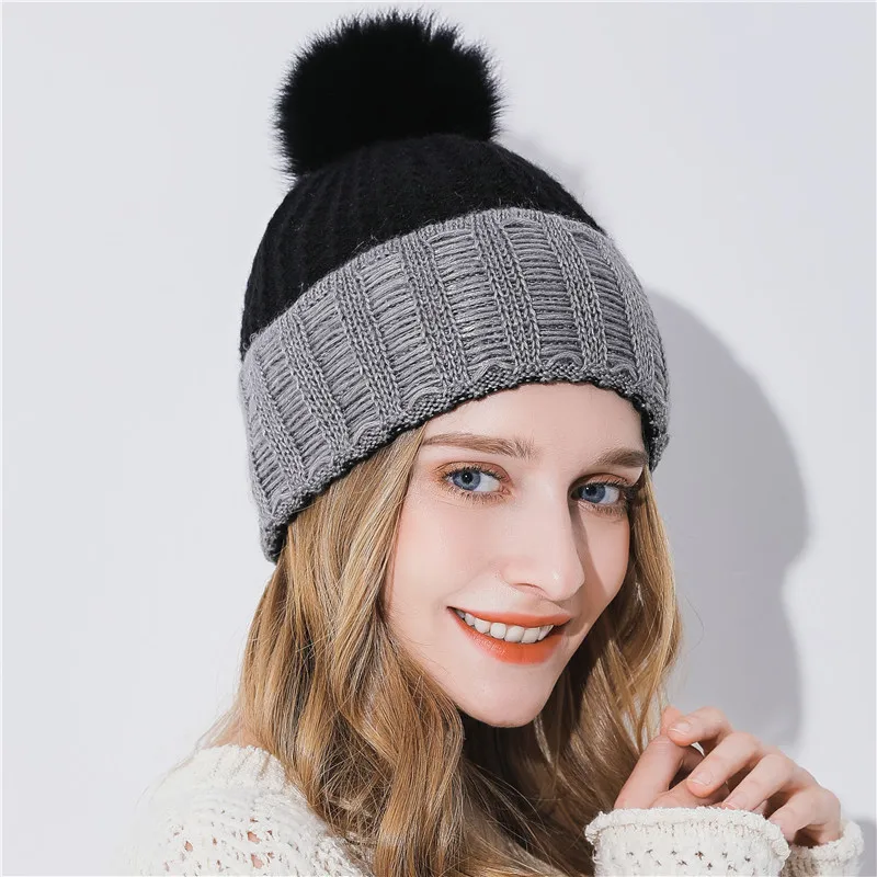 Xthree, женская зимняя шапка для девочки, вязаная шапка, сохраняющая тепло, шапка Gorro, шерсть кролика, мех, кашемир, смесь, бренд, помпон, шапка для женщин - Цвет: Черный