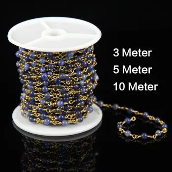 

4mm,Natural Round Shape Blue Sodalite Beads Chains Jewelry,Wire Wrapped Golden Links Beads Bracelets Necklace Choker Anklet ZJ42