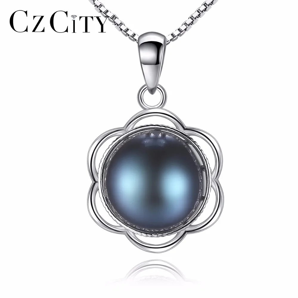

CZCITY 100% Black Gray Natural Freshwater 8-8.5mm Pearl Necklace Flower Shape Trendy 925 Sterling Silver Wedding Bridal Necklace
