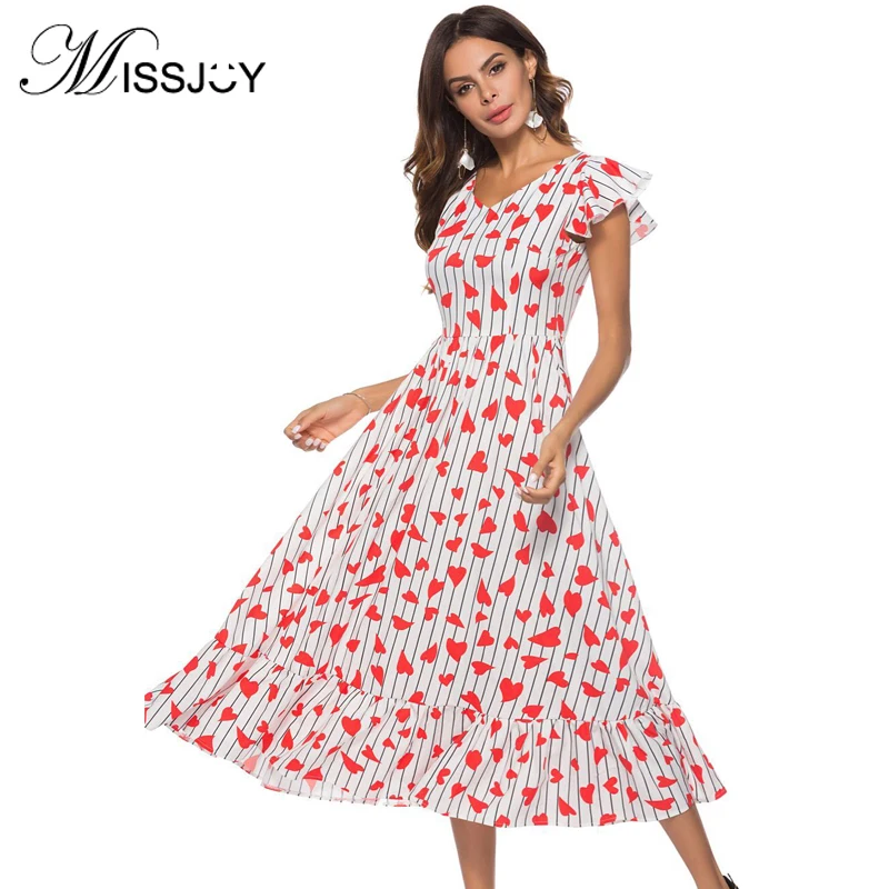 MISSJOY فراشة الملابس القلب طباعة اللباس الحلو الفتيات 2018 الصيف أزياء المرأة الخامس الرقبة عالية الخصر تكدرت تنحنح ألف خط فساتين