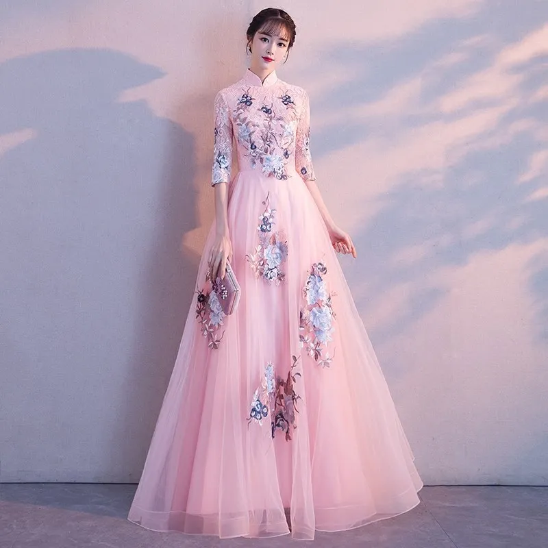 

PINK Chinese Style Women Bridesmaid Dress Vintage Embroidery Flower Cheongsam Elegant Long Slim Qipao A-Line Evening Gowns
