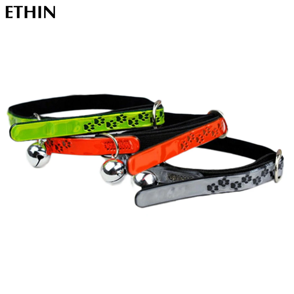 Reflective Adjustable Pet Collar with Bell for Pet Cat Kitten Paw Print