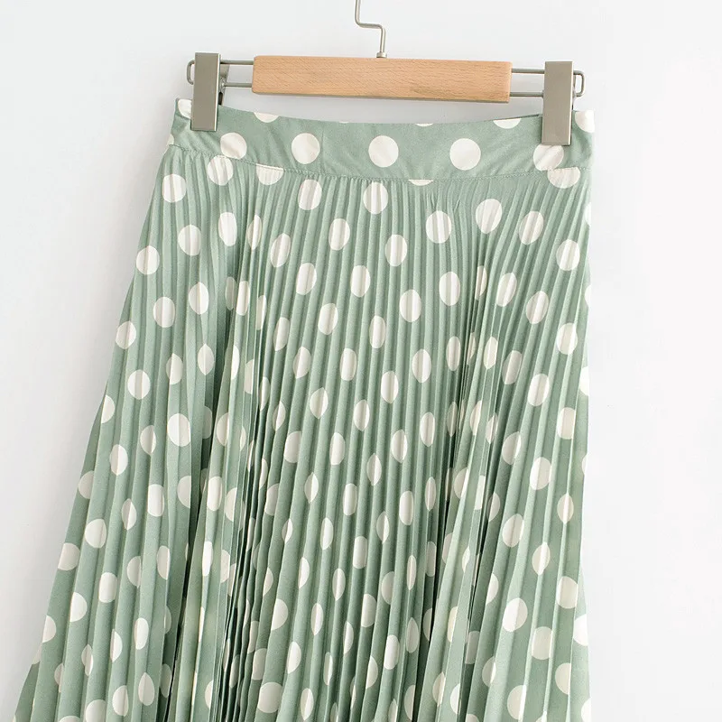 Aelegantmis Повседневная плиссированная юбка в горошек, женская летняя пляжная юбка средней длины, женские модные юбки трапециевидной формы с высокой талией зеленого цвета
