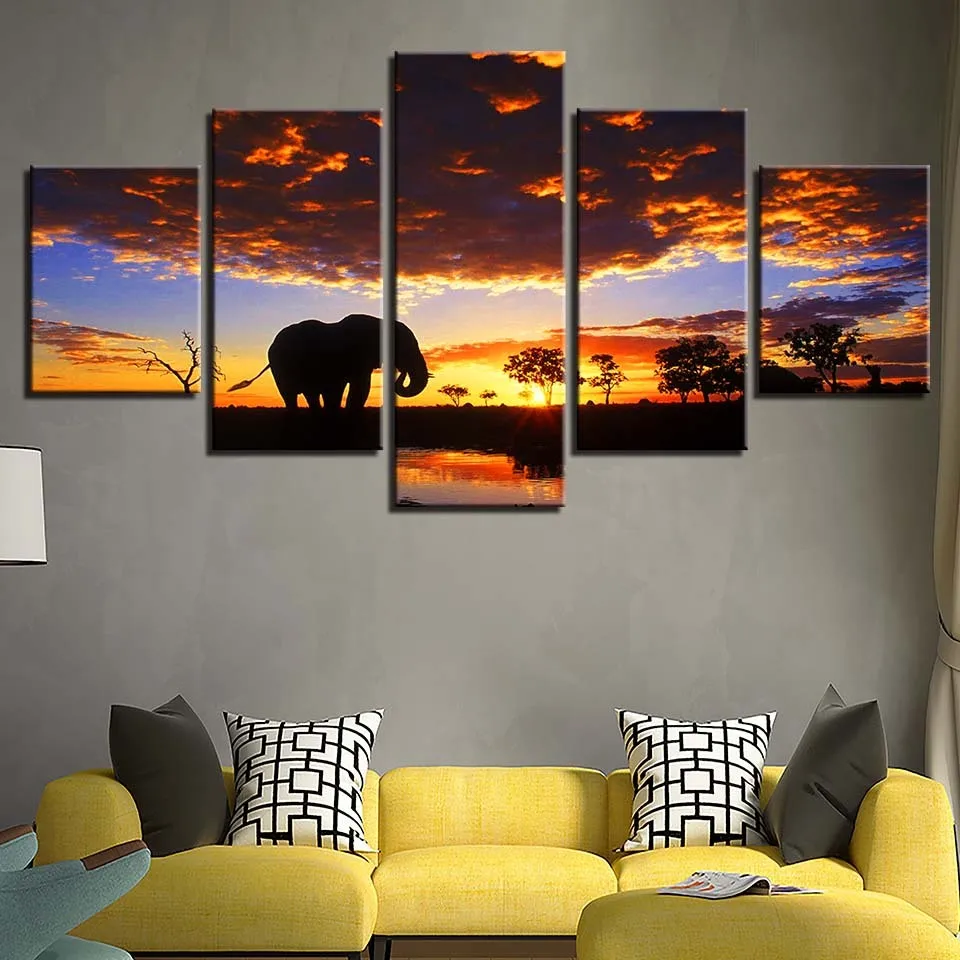 Canvas-Pictures-Frame-Home-Decor-HD-Prints-Trees-Scenery-Poster-5-Pieces-Elephant-In-Sunset-Lake
