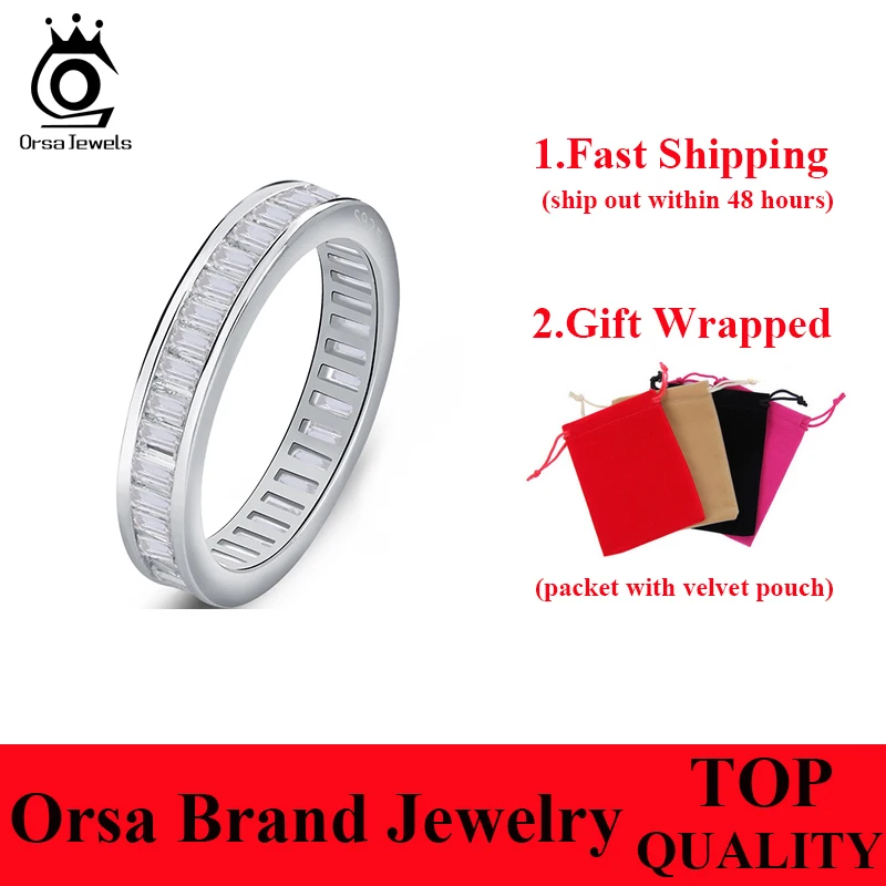 ORSA JEWELS Wedding Bands Silver Color Ring Full Invisible Setting Retangel CZ Eternity Rings for Women Engagement Gift OR62