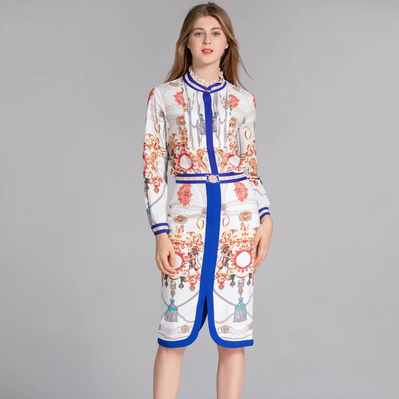 Цянь Хан Zi новый дизайнер взлетно-посадочной полосы костюм комплекты Для женщин с длинным рукавом трепал рубашку и принтом Повседневное