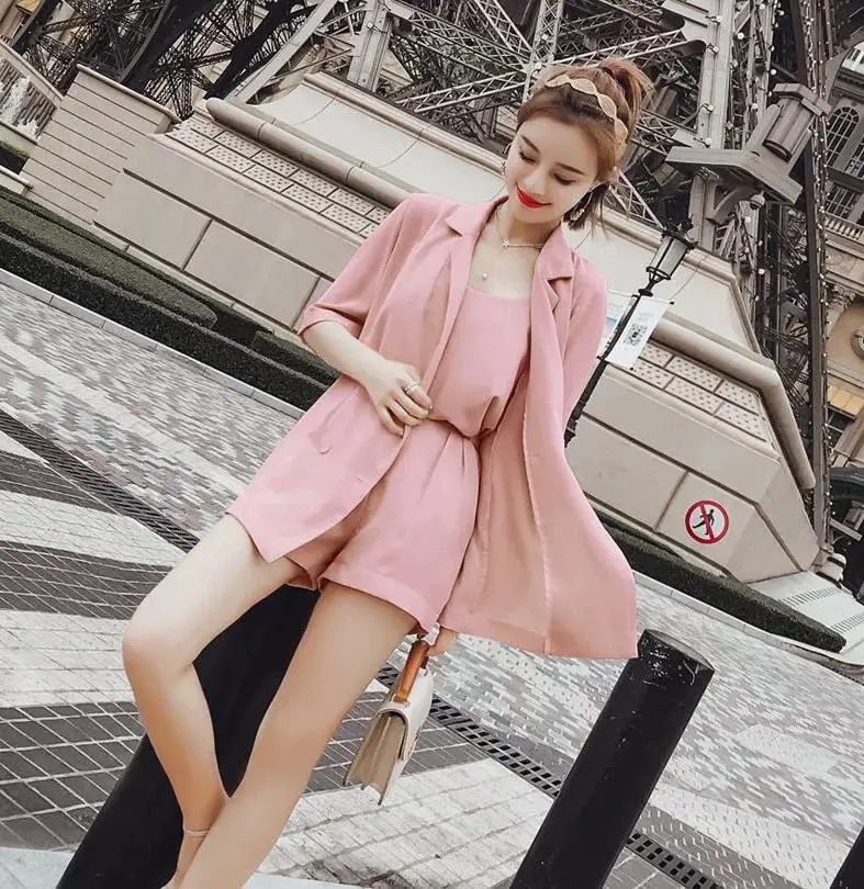 Короткие штаны из трех частей для женщин Корейская версия Фея эластичная талия летний костюм женский - Цвет: pink suit