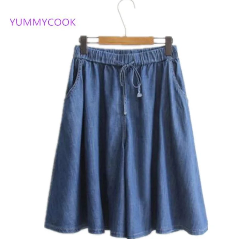 Dark blue YUMMYCOOK летние новые женские повседневные темпераментные джинсовые шорты большого размера свободные с высокой талией Модные женские широкие шорты юбка Y102 - Цвет: Dark blue