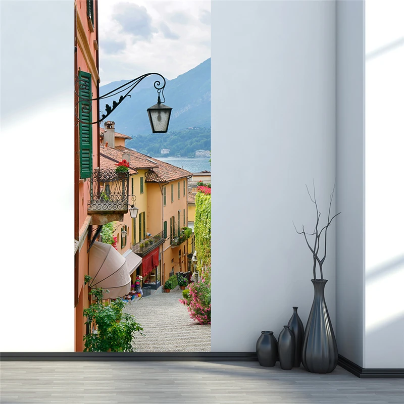 

2 sheets/pcs Italy Town of Lake Como Door Mural Sticker Pretty Watercolor Landscape Wall Art Picture for Cafe Bedroom Shop Decor