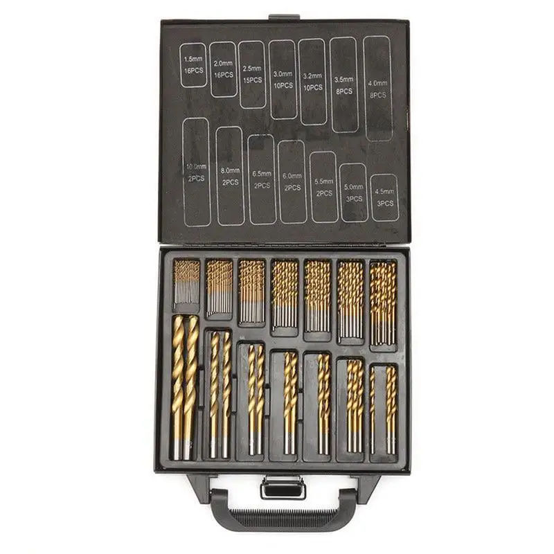

99pc Iron Box Packing 99PCS HSS Twist Drill Bits Set 1.5-10mm Titanium Coated Surface 118 Degree For Drilling Metal