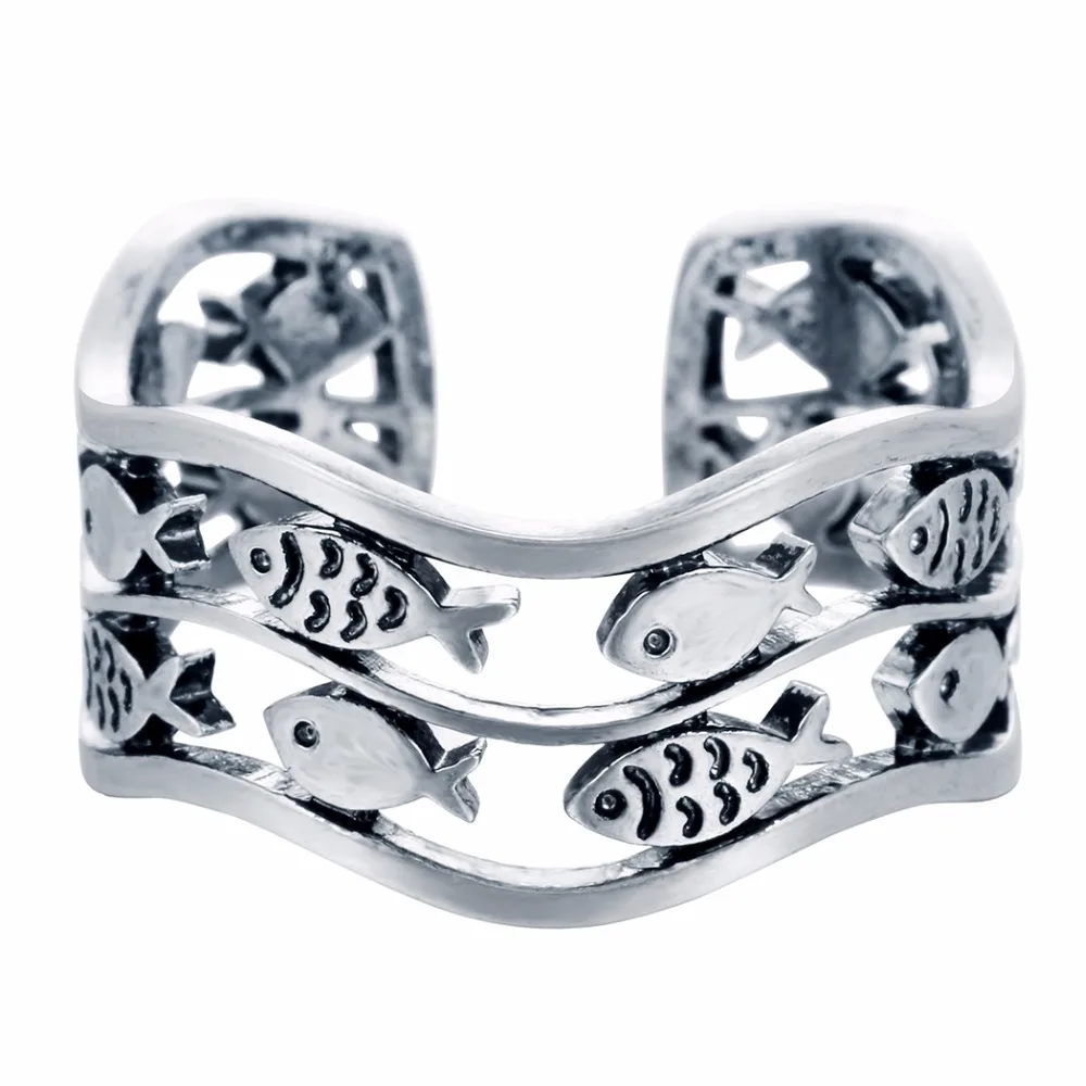 Kinitial Retro Silver Swimming Fish Band Matt Ring Adjustable Animal