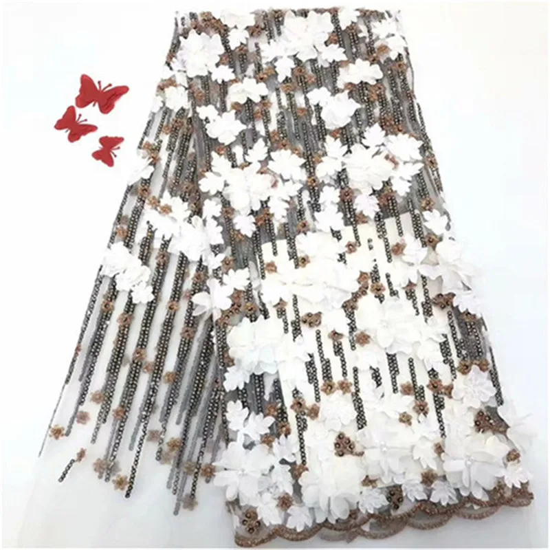 

Hot Sale 3D Flowers White Lace Fabric African Handmade Beaded Lace Fabric With Sequins Nigerian French Tulle Lace Fabric