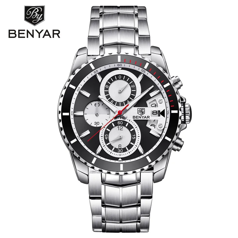 

BENYAR black simple fashion casual brand stainless steel men's sports watch quartz watch chronograph waterproof men's watch