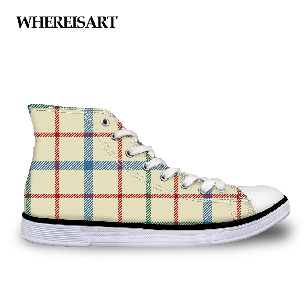 

WHEREISART Women's Casual Vulcanized Shoes Gingham Pattern Women High Top Canvas Shoes Lace-up Leisure Shoes for Ladies Zapatos