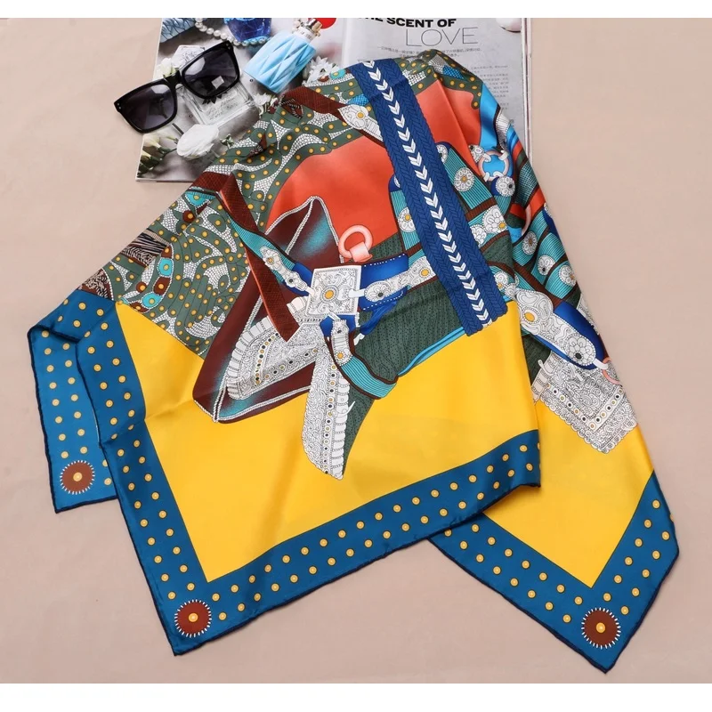 90*90cm High Style 100% Silk Scarf Hijab Women's Large Square Silk Shawl Wraps Foulard Head Scarves for Hair Wrapping