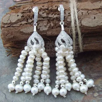 

E050113 2.5" White Pearl Earrings CZ Pave Stud