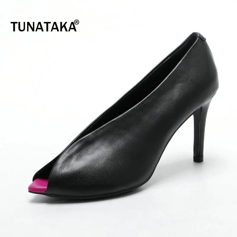 

Woman Genuine Leather Peep Toe Thin High Heel Lazy Pumps Fashion Shallow Dress High Heel Shoes Spring Autumn Shoes Black