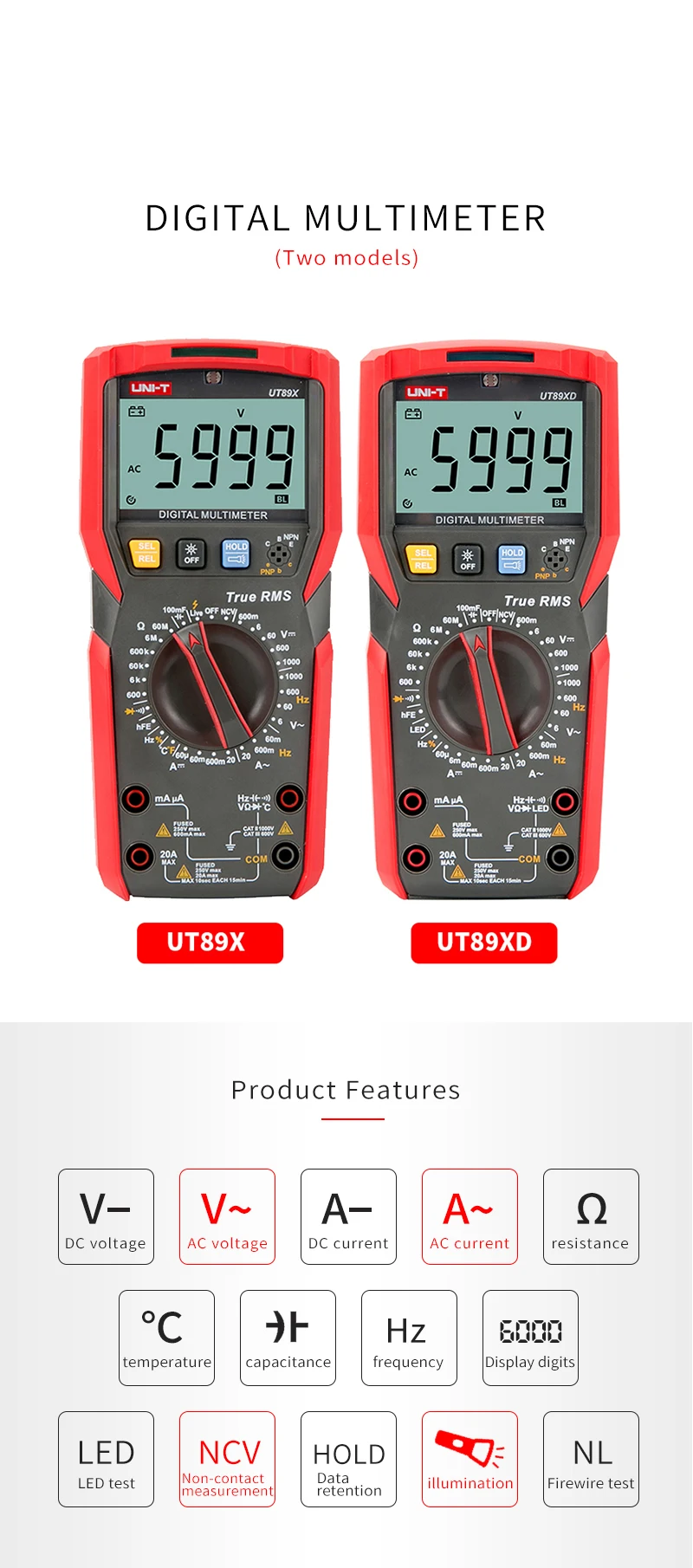 UNI-T UT89XD True RMS цифровой мультиметр тестер AC DC Вольтметр Амперметр 1000 В 20A Емкость Сопротивление частоты светодиодный измеритель