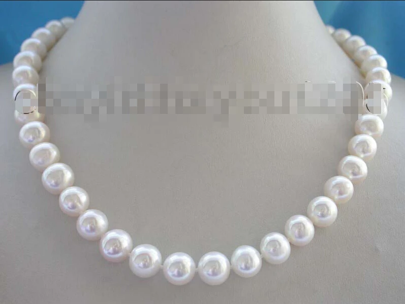 

FREE SHIPPING Genuine Natural 11mm White Round Pearl Necklace 9k zircon #f1557!
