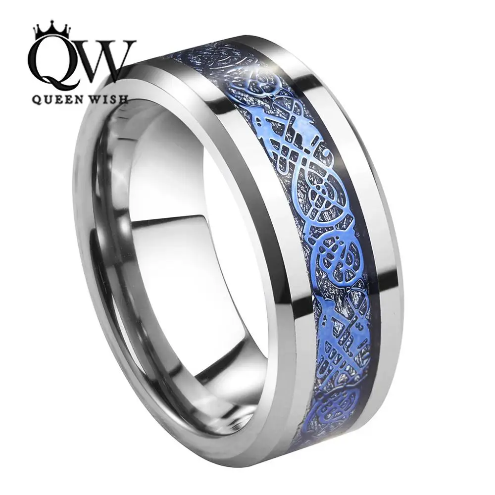 Queenwish 8mm Tungsten Carbide Ring Silver Meteorite Inlay Blue Queenwish 8mm Tungsten Carbide Ring Silver Meteorite Inlay Blue Celtic Dragon Wedding Bands Size 6