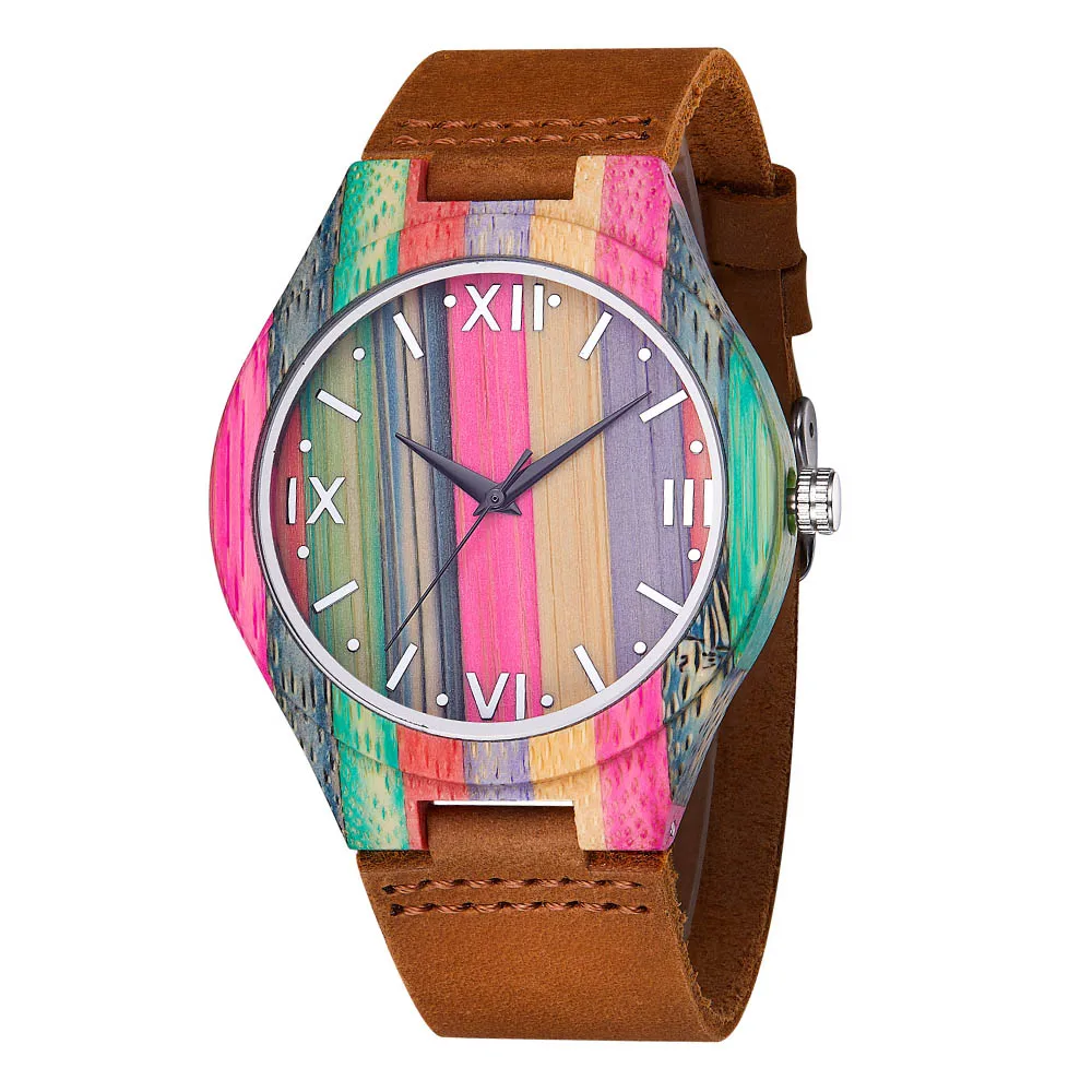 

Brand Luxury Cost Bamboo Hand Watch For Unisex Retro Leather Strap Color Watch Women Wooden Clock Quartz Wrist Watch