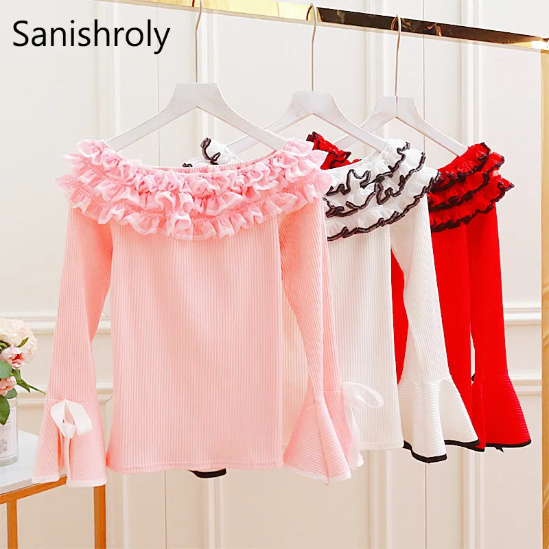 Sanishroly 2018 Autumn Women Flare Sleeve Blouse Bow Sweet Lace Patchwork Blouses Female Slash Neck Ruffles Shirt Short Tops 328 | Женская