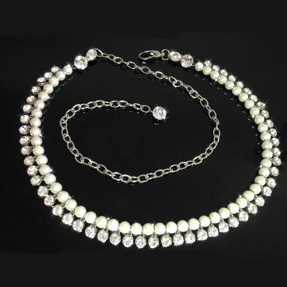 

Nanaco fashion Pearl white bead women belts metal waist chain cummerbunds decoration diamonds belt