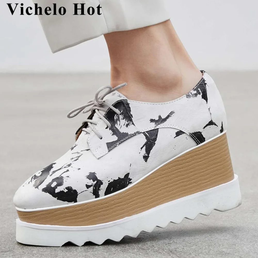 

Women large size mixed colors real cow leather material wedges platform punk square toe pumps lace up model increased shoes L03