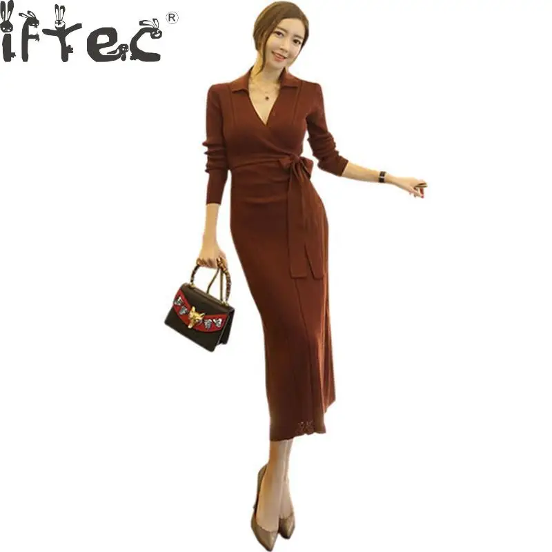 

New 2018 Spring Winter Women Solid Knitted Maxi Belt Wrap Dress Sexy V-neck Long Sleeve Split Bodycon Long Sweater Thick Dress