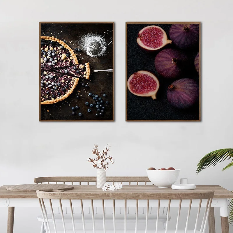 

Food Kitchen Poster Wall Art Canvas Print Blueberry Pie Fig Coffee Painting Decorative Picture Modern Dining Room Decoration