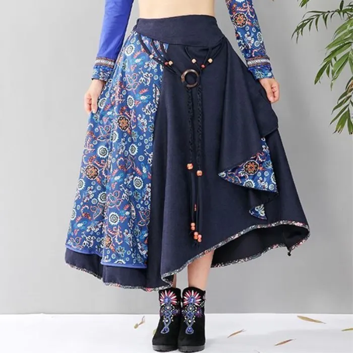 

Vintage Mid Waist Skirt Elegant Casual Floral Print Rregular Skirts For Women Cotton Linen Summer Skirt 2019