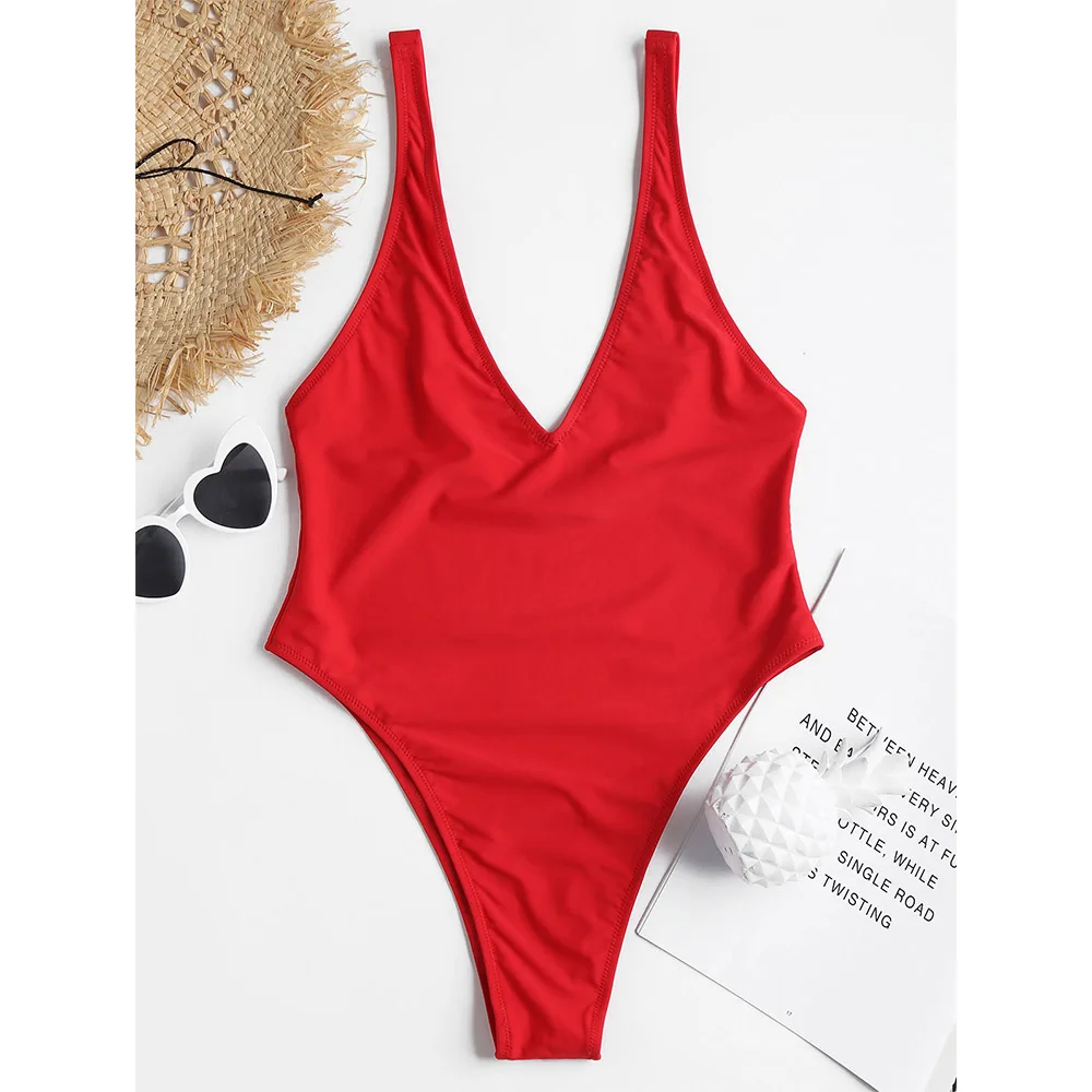 Red One Piece Swimsuit Plunge Unlined High Cut Swimwear Women Swimsuit ...