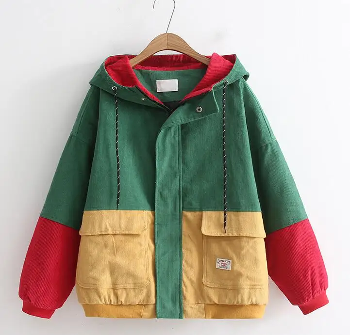 

Hip Hop Hoodie Loose Jacket women Winter Corduroy Jacket Harajuku Red Patchwork Autumn Hooded Bomber Jacket Coat Reggae Jamaica