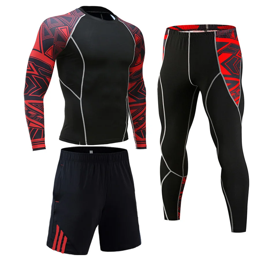 Одежда для спортзала, мужские компрессионные сухие колготки, футболка с длинными рукавами, шорты для бега, Спортивное нижнее белье, зимний костюм для бега s-xxxxl - Цвет: Red Black